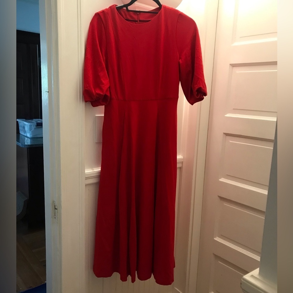 Boden Red Midi Dress with Puff Sleeves - Picture 2 of 3